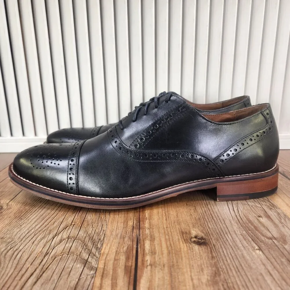 Johnston & Murphy Conard Men 11.5 Black Calfskin Captoe Brogue Oxford Dress Shoe